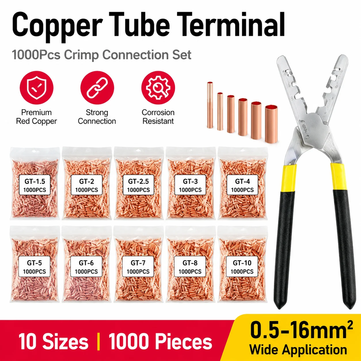 1000pcs GT Type GT1.5/2/2.5/3/4/5/6/7/8/10MM Red Copper Tube Terminal Wire Crimp Connector Kit for Electrical