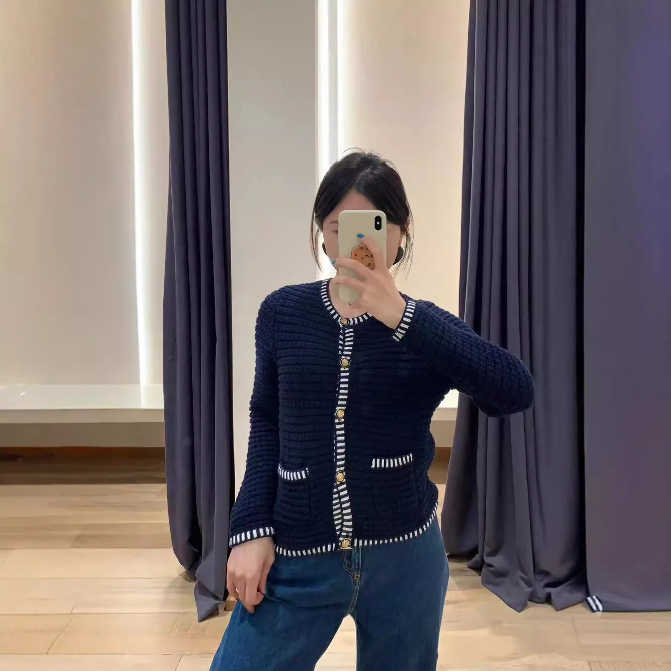 

Pine Pattern 3D Relief Knitted Cardigan Coat Small Fraance Sle Long Sve round Ne Button up Cotton Blend Women's...