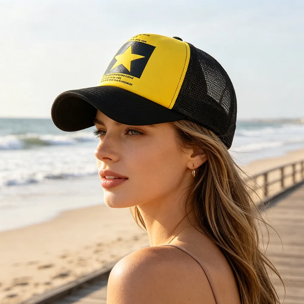 Unisex Star Graphic Mesh Back Trucker Hat Lightweight Foam Front Curved Brim Adjustable Summer Street Baseball Cap Mesh Trucker