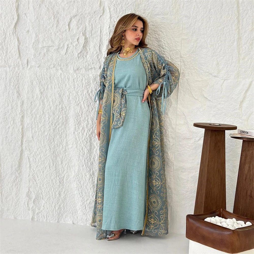 

Ramadan Muslim Sets Abayas Femme Islam Moroccan Caftan Clothes Two Piece Set Black Abaya Products Long Sleeve Prayer Dress