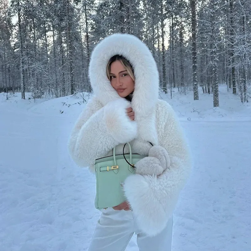 Winter Casual Hooded Faux Fur Jacket Women Fashion Fluffy Big Collar White Snow Jackets 2025 High Street Warm Plush Thick Coats