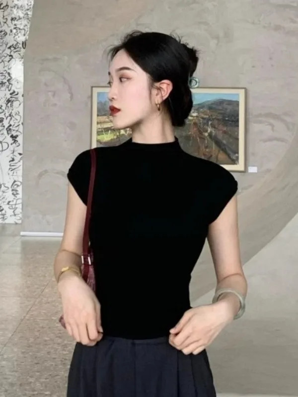 Black Ice Silk Knitted Short Sleeve T-Shirt Women's Casual Tight Fit Half High Collar Summer New Style Commute Fashion Ladies...