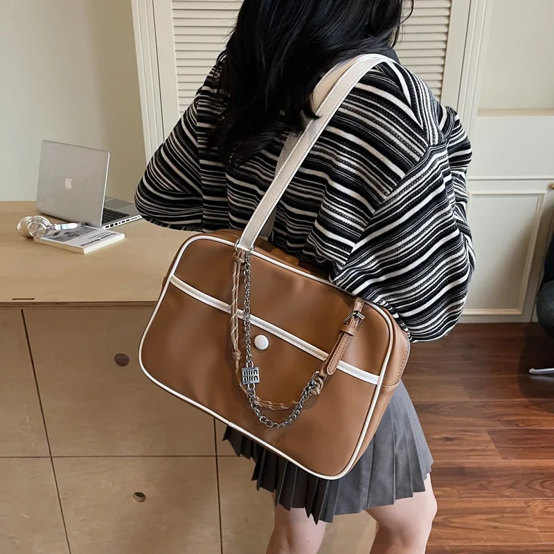 

Japanese Student Fashion Handbag Patchwork PU Leather Single Shoulder Uniform Bag for Girl Ins Trendy Large Capacity Satchel Bag