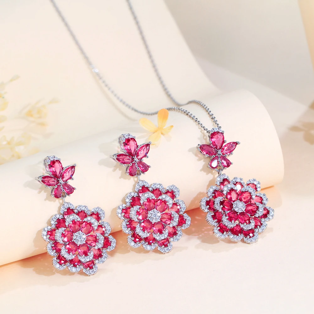 BeaQueen Romantic Rose Red Zircon Large Flower Necklace Earrings Jewelry Sets for Women Engagement Party Jewery Gift JS417