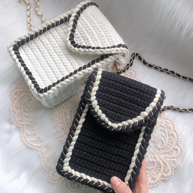 Elegant Hand Knitted Mobile Phone Bag with Crochet Needle Single Shoulder Slant Cross DIY Material Kit by Yangyang Weaving House