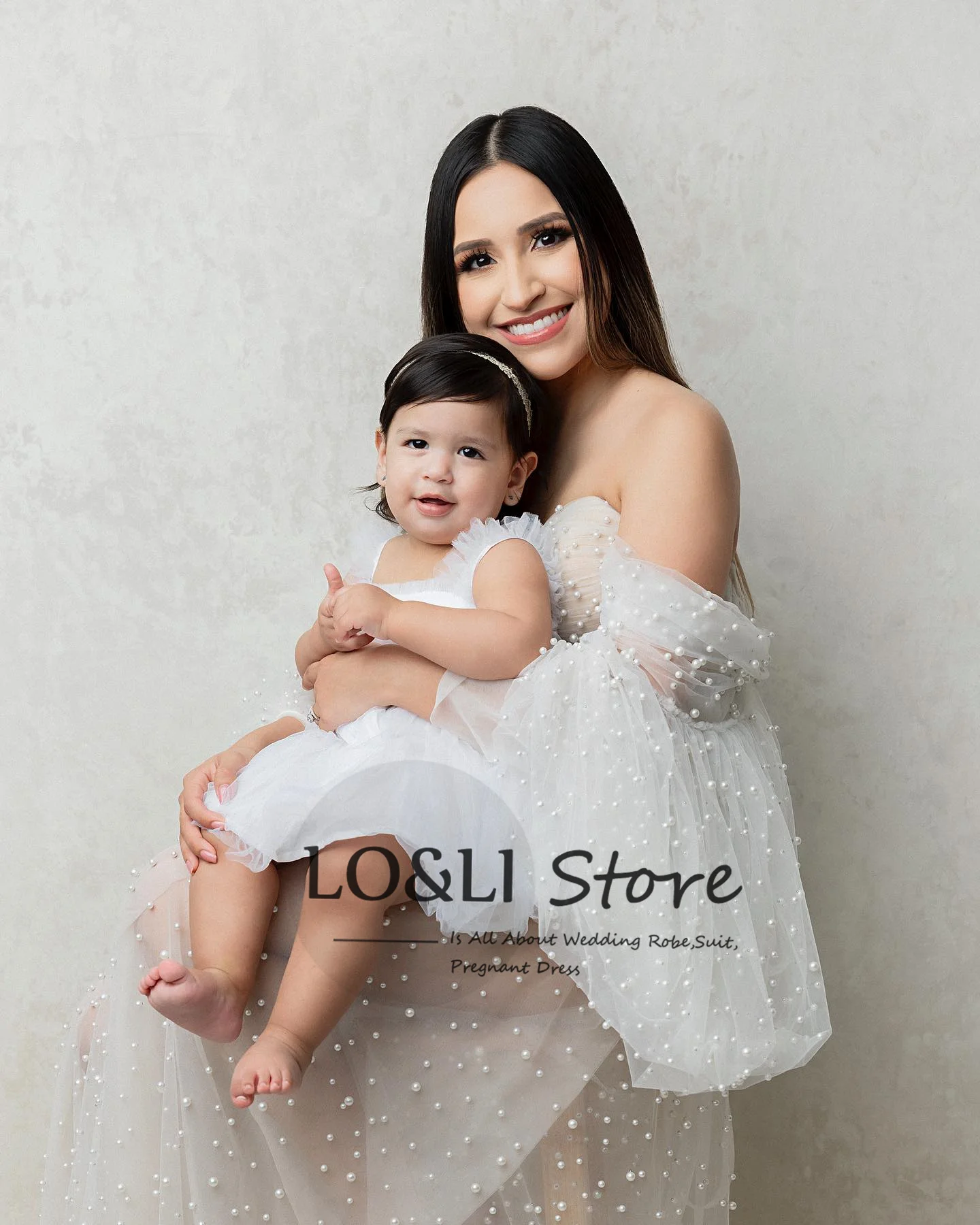 Off Shoulder Pearl Tulle  Babyshower Clothes Maternity Photography Dresses White Sexy Dress For Woman Long Pregnancy Shoot Gown