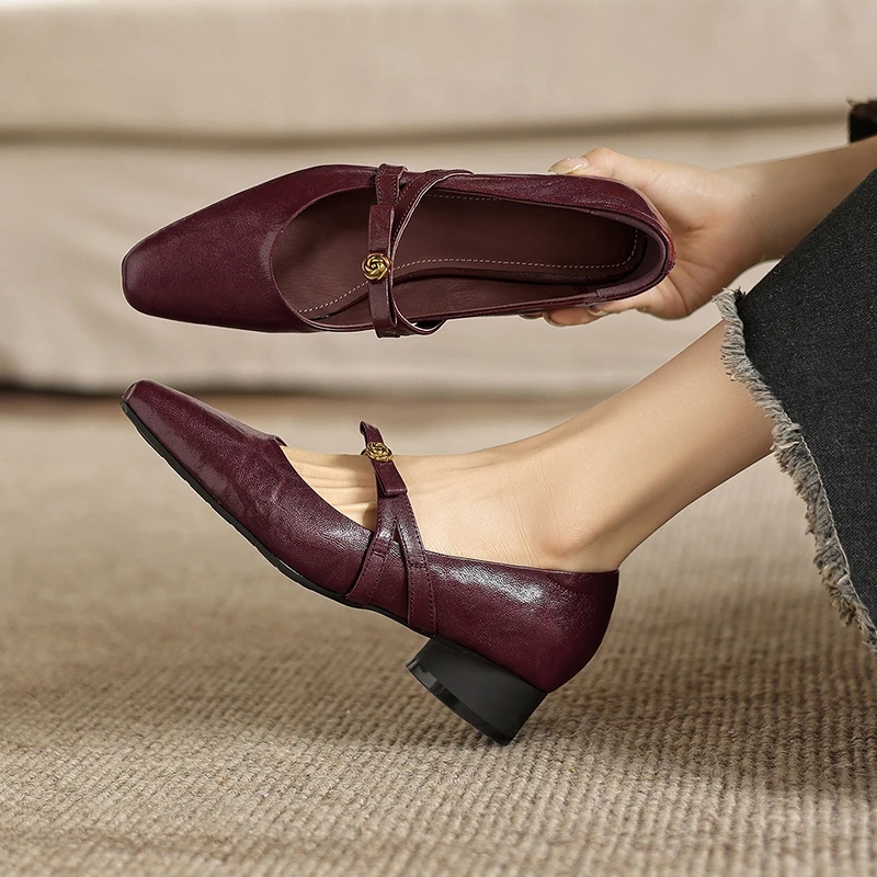 

Women's New Spring and Autumn Genuine Leather Sheepskin Metal Belt Buckle Mid Heel Large Mary Jane Shoes Fashion Single Shoes