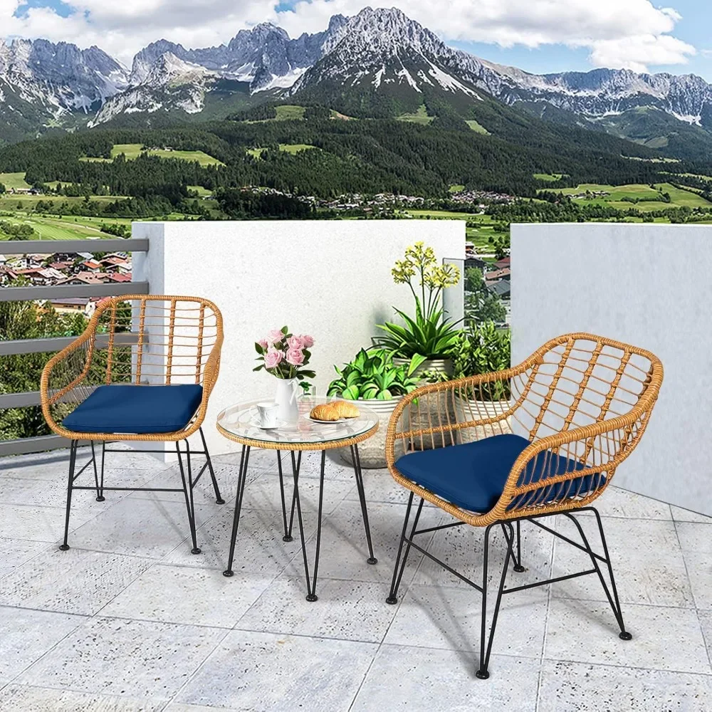 

3-Piece Outdoor Vine Bar Set with Steel Frame, Round Coffee Table, Soft Cushion, Willow Terrace Furniture Set