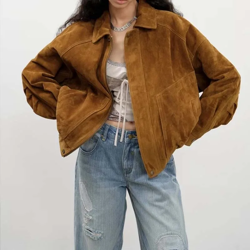 women coat autumn winter new fashion short length suede leather jacket natural real sheepskin high quality