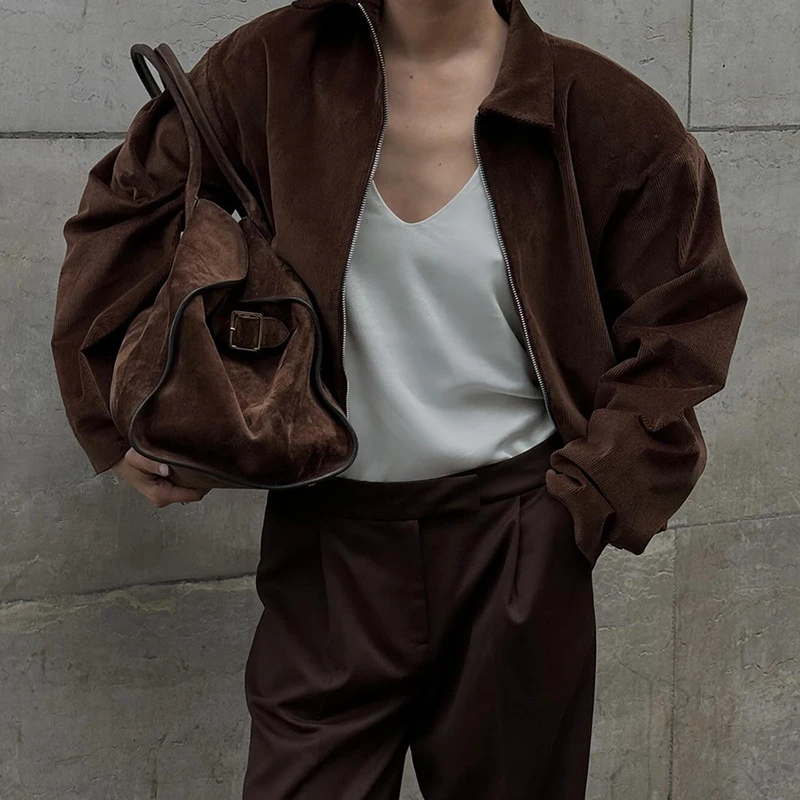 Tornova Retro Brown Jackets Coat Women's Lapel Zipper Long Sleeves Loose Coat Autumn Winter New Leisure Commuting Jacket