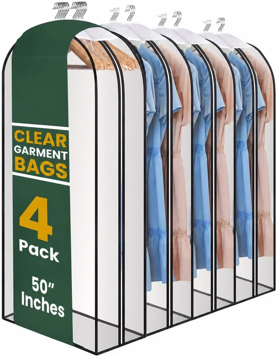 

Clear Garment Bags for Hanging Clothes, 50" Suit Bags with 10" Gusset, Heavy Duty Closet Storage Covers for Coats, Dresses