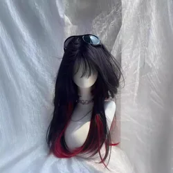 Black and red dyed sweet and cool princess cut long straight hair wig Gothic style wig women's full head caput medusae