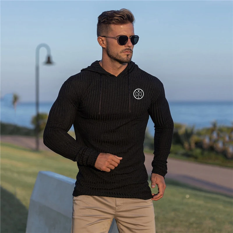 Herbst Atmungs Dünne Gym Bodybuilding Männer Mode Gestrickte Gestreifte Fitness Training Laufen Langarm Pullover Mit Kapuze T-shirt