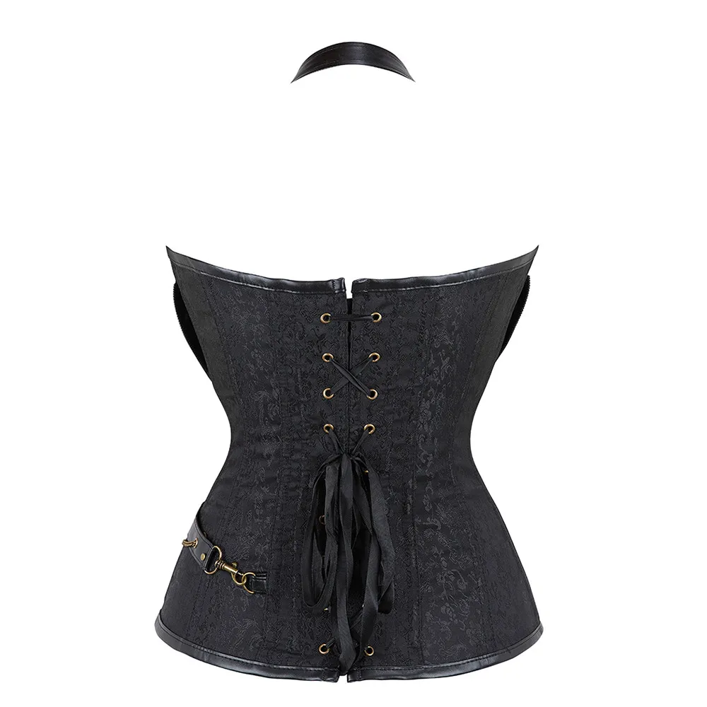 Steampunk Leather Corsets Top Plus Size Sexy Halter Overbust Bustier Gothic Pirate Vintage Outerwear Burlesque Basque Costume