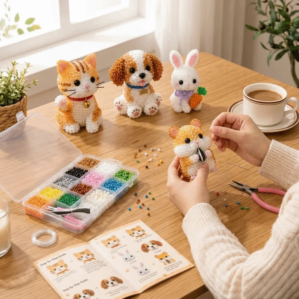 Handgefertigtes DIY-Tier-Perlen-Stickerei-Set, buntes Mini-Perlenkunst-Bastelset, kleines pädagogisches 3D-Perlen-Haustier-Schlüsselanhänger-Bastelset – Detail 9