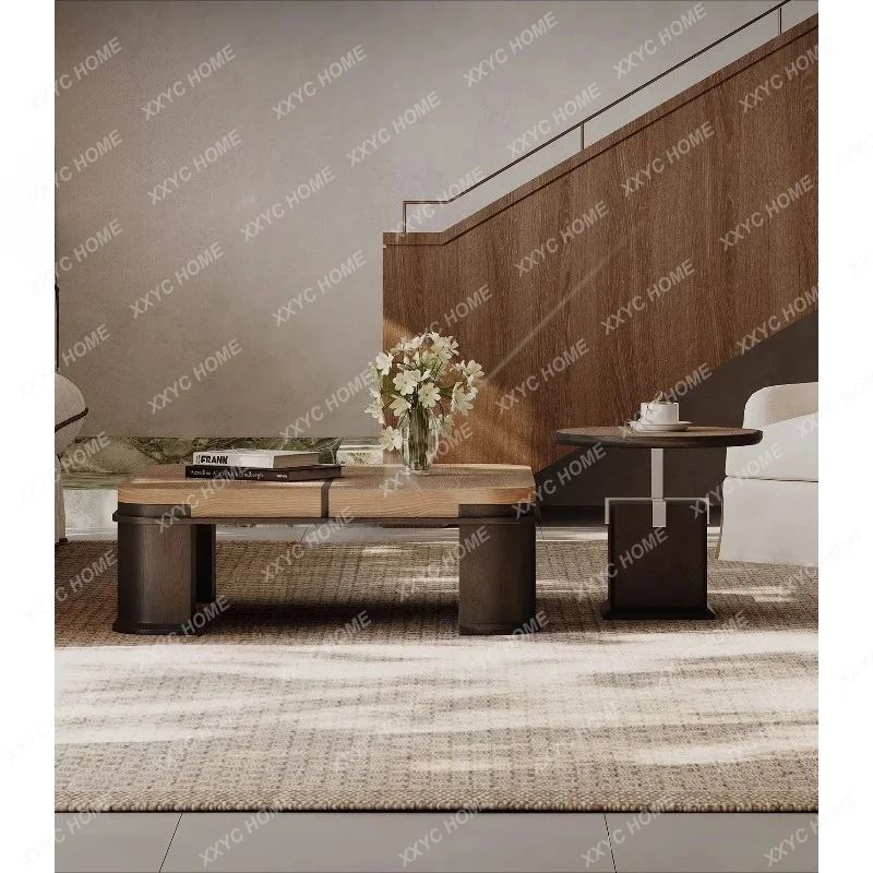 XX Medieval style square coffee table combination walnut leather living room home 2026 new sandy wind advanced se