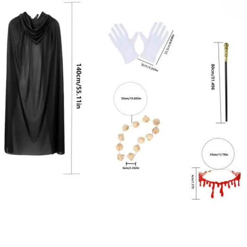 Kostiumy na Halloween w stylu wampira: peleryna, rękawiczki, naszyjnik z krwią i czosnkiem, sztab, odpowiednie do odgrywania ról wampirów.