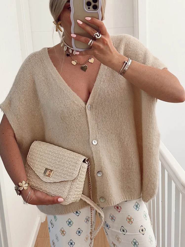 

Loose V-ne Single-button Knitted Cardigan Sweater Outerwear New Arrival Autumn 2024 Sweet Sle Clothing for Women