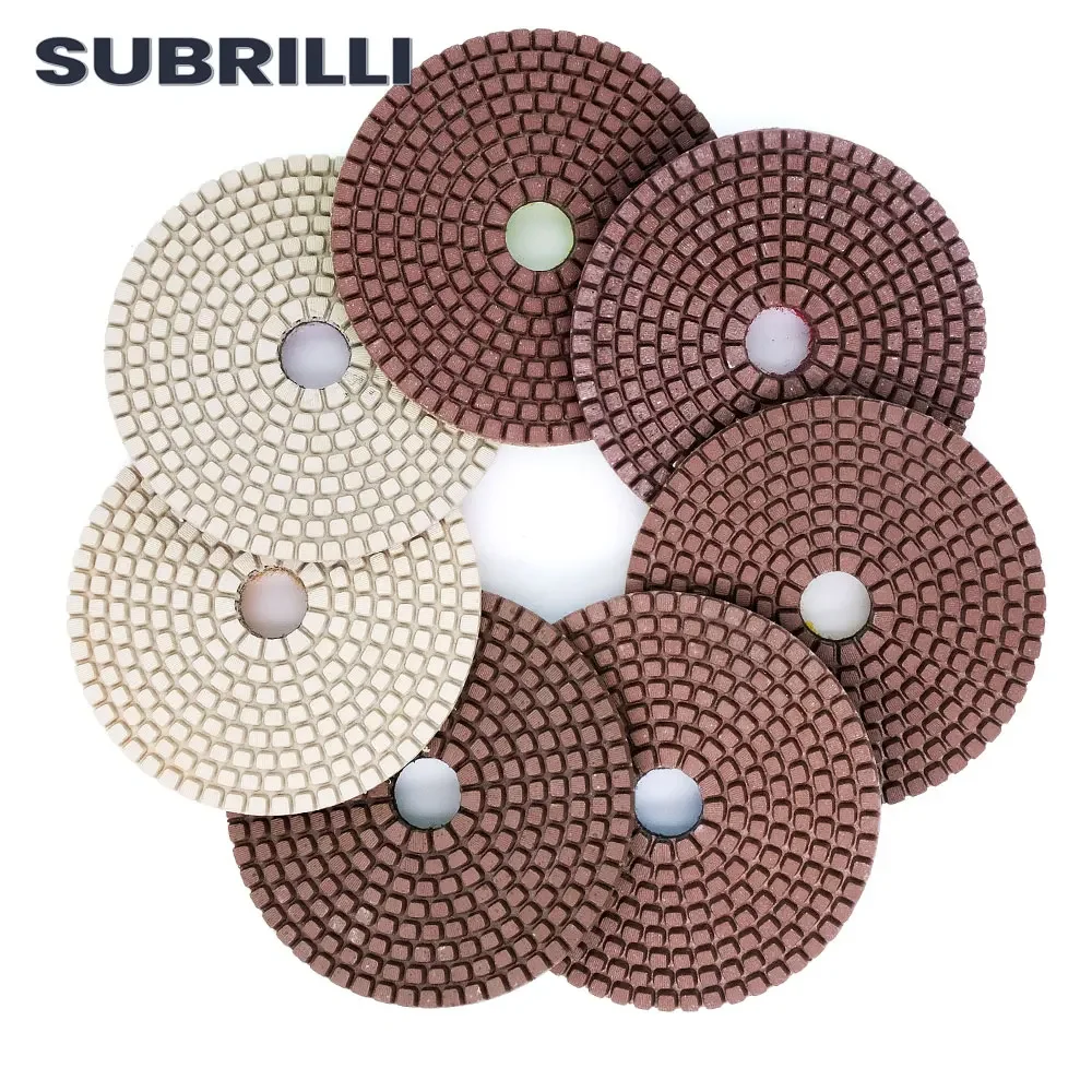SUBRILLI 4 بوصة الماس لوحة تلميع للجرانيت حجر الرخام الملمع مجموعة السندات المعدنية 7 قطعة مجموعة تلميع أقراص الرملي الخرسانية