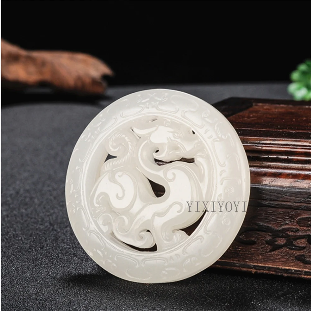 قلادة منحوتة من حجر اليشم الأخضر الطبيعي ، قلادة ثروة كيلين جوفاء صينية ، تميمة عصرية مزدوجة الجانب ، مجوهرات حفلات محظوظة