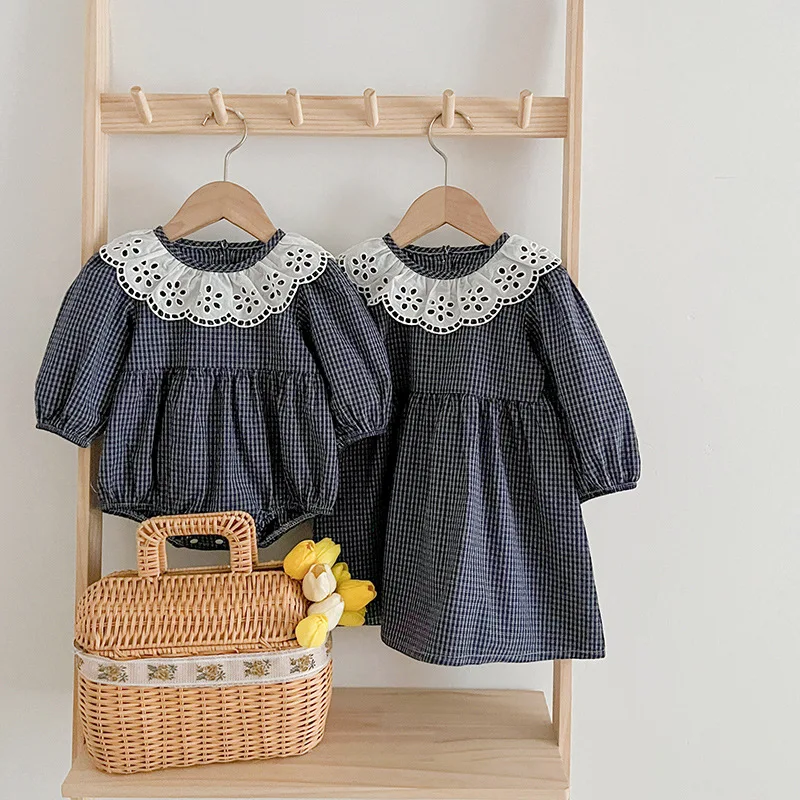 

New Spring and Autumn Baby Romper for Girls, Sister Matching Outfits, Lace Collar Plaid Long Sleeve Jumpsuit, Toddler Dress