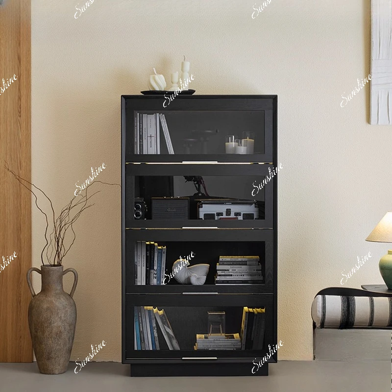 

Storage integrated solid wood floor-to-ceiling living room home wall black display cabinet