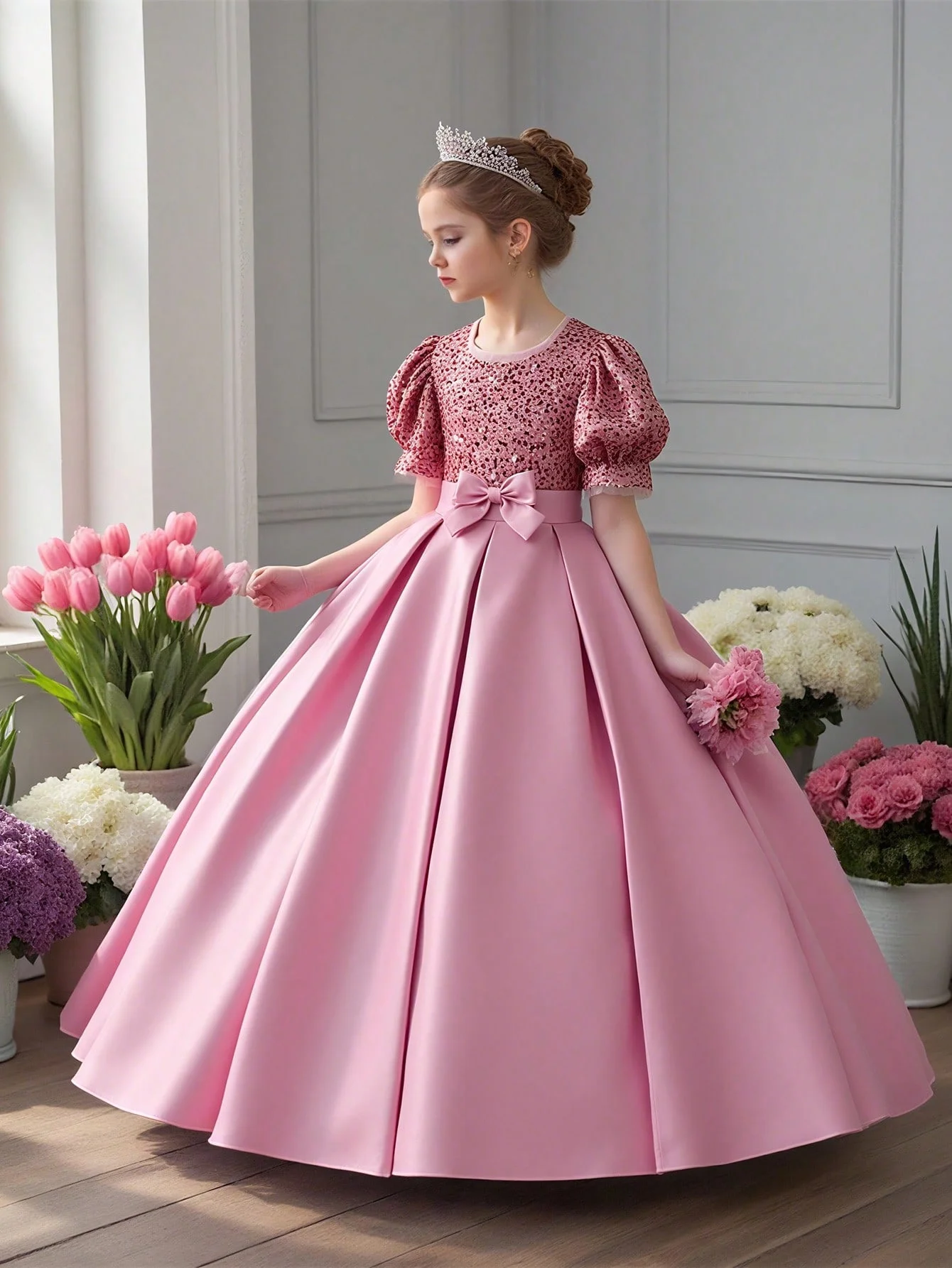 Girls Wedding Dress Pink Sequined Satin Flower Girl Dress Puff Sleeve Bow A-Line Dress 2026 Children's Performance Formal Dress