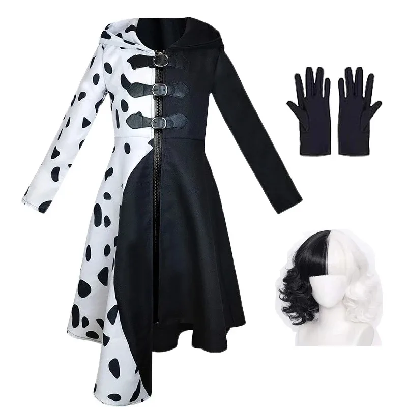 Adultos negro blanco bruja Deville Cosplay disfraz vestido para mujeres con guante Halloween traje dálmata hh:5