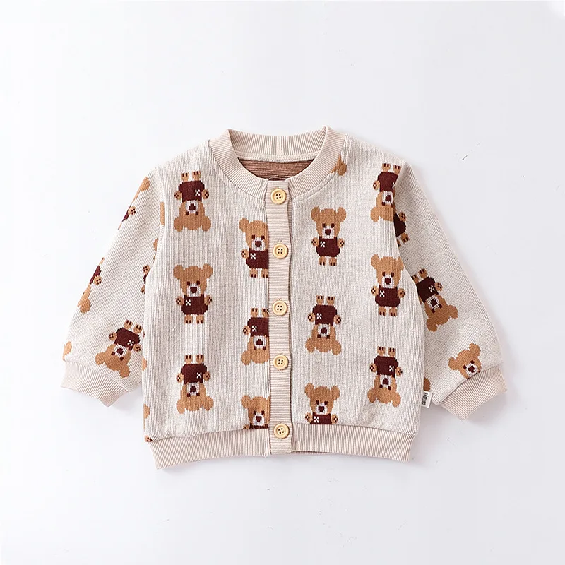 

Ins 2024 Newborn Girls Cardigan Long Sleeve Spring Autumn Single Breasted Cartoon Bear Print Baby Girls Tops Infant Girl Sweater