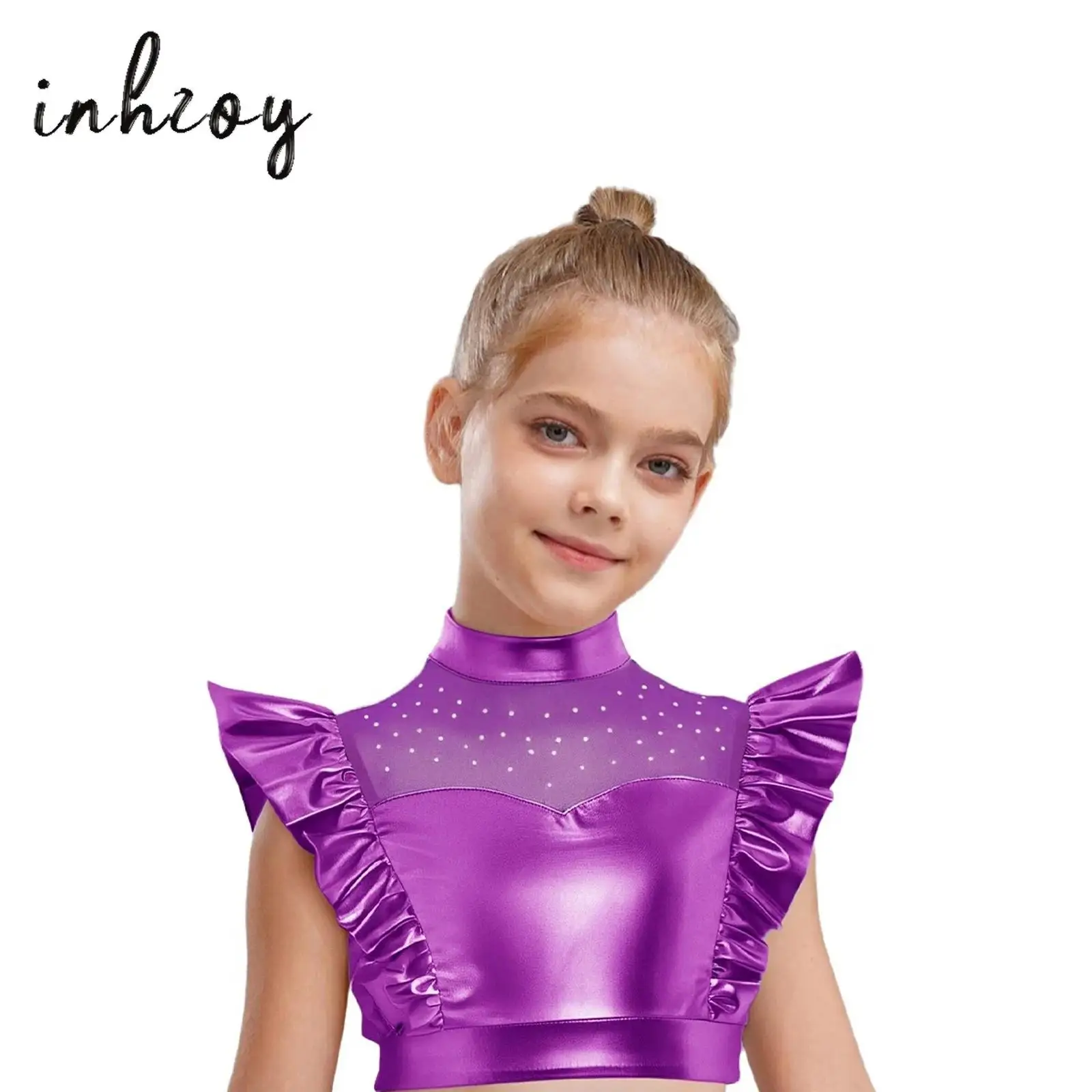 

Kids Girls Metallic Tank Tops Shirts Retro 70s 80s Disco Jazz Dance Mesh Patchwork Shiny Rhinestone Sleeveless Ruffle Crop Tops