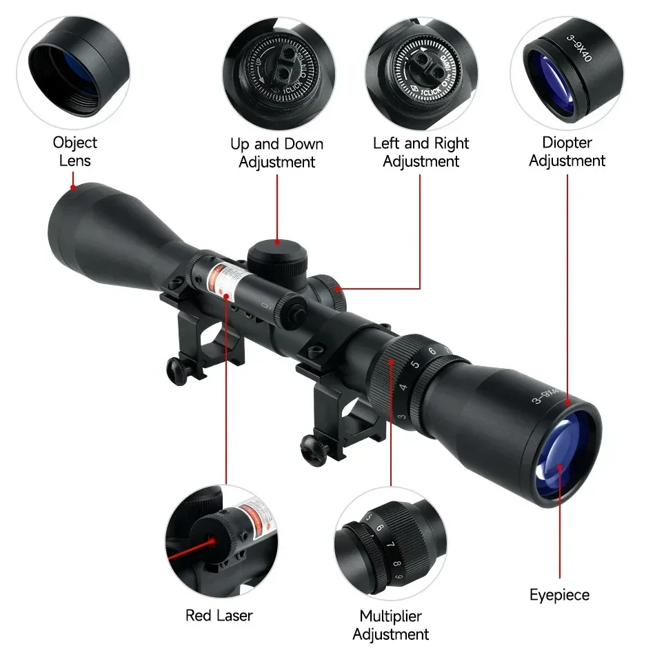 Mira telescópica táctica 3-9x40 – Con láser para caza y tiro - imagen 4