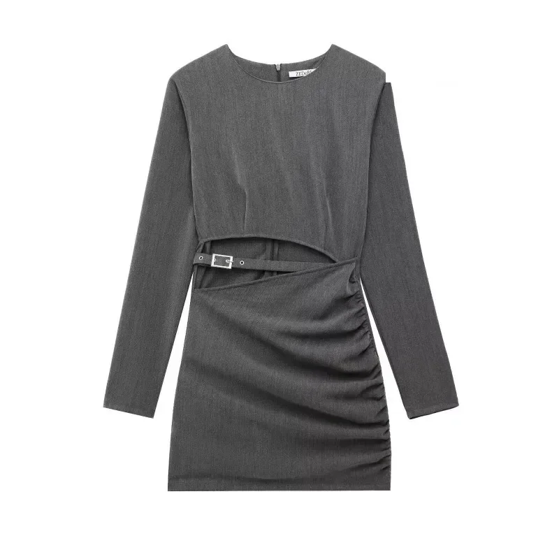 GELITAYIN 니트 드레스 아메리칸 레트로 오-넥 긴 소매 드레스 우아하고 아름다운 여성 드레스 할로우 그레이 미니 드레스