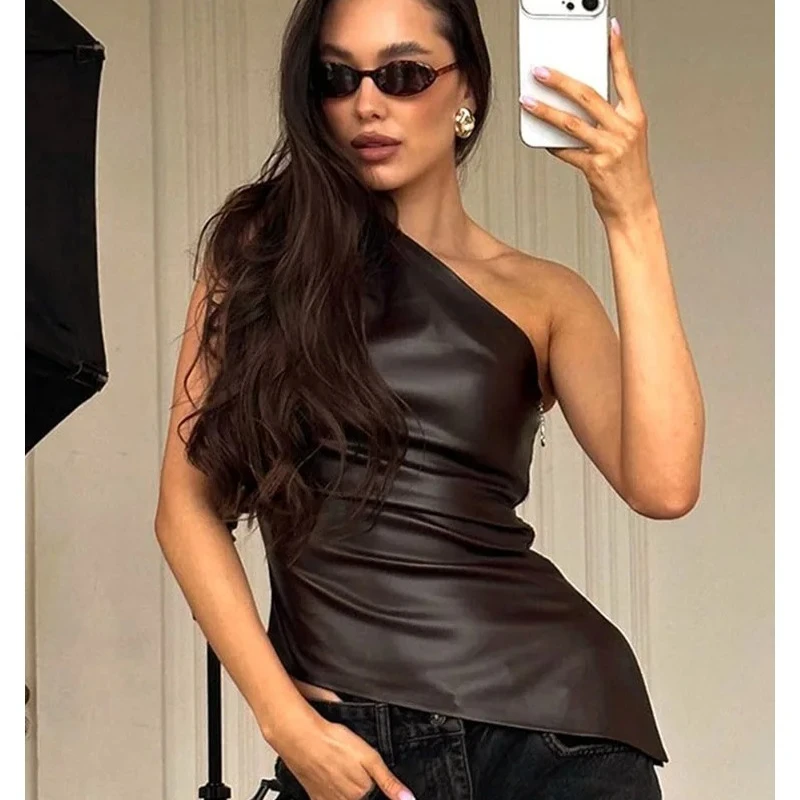 

2025 Fall Snd Winter New Pure Color Slim Sleeveless One-Shoulder Slanting Collar Zipper Show Thin Jacket