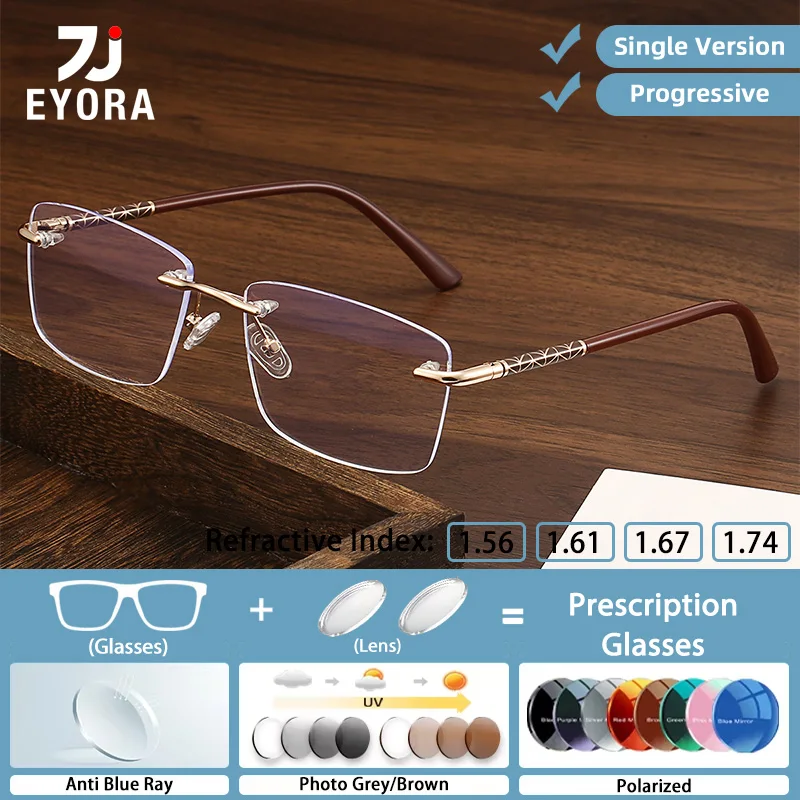 EYORA Vintage Rimless Metal Men Business Reading Glasses Myopia Eyewear Hyperopia Anti Blue Ray Progressive Photochromic Eyewear