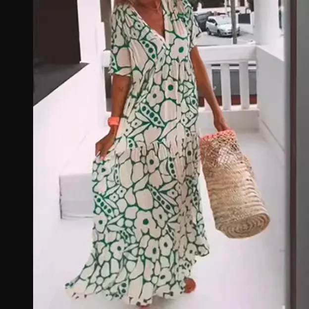 

2025 New Loose Boho Women's Long Dress Summer Short Sleeve Printed Beach Dress Vintage V-Neck Pleated High Waist Dress Vestidos