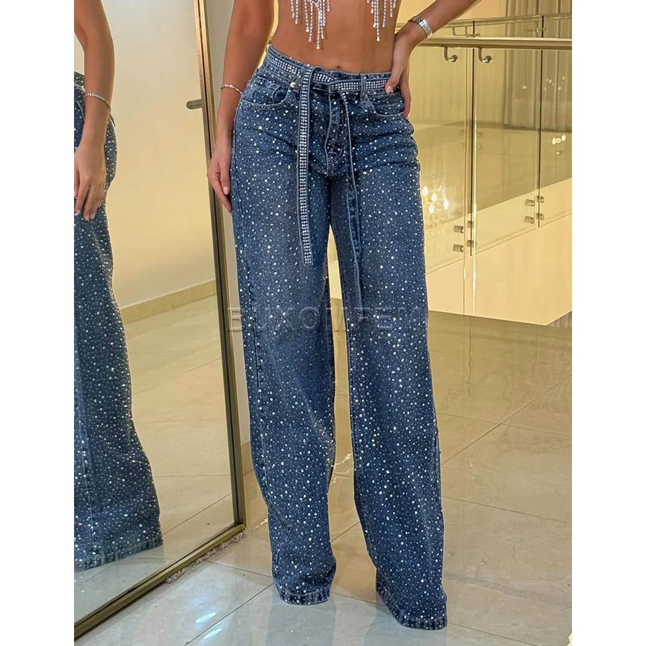 

Women's Wide Leg Loose Jeans Drilled Straight Leg Pants 2025 Stylish Baggy Trousers Ladies Fashion Y2K Streetwear Outfit Bottoms