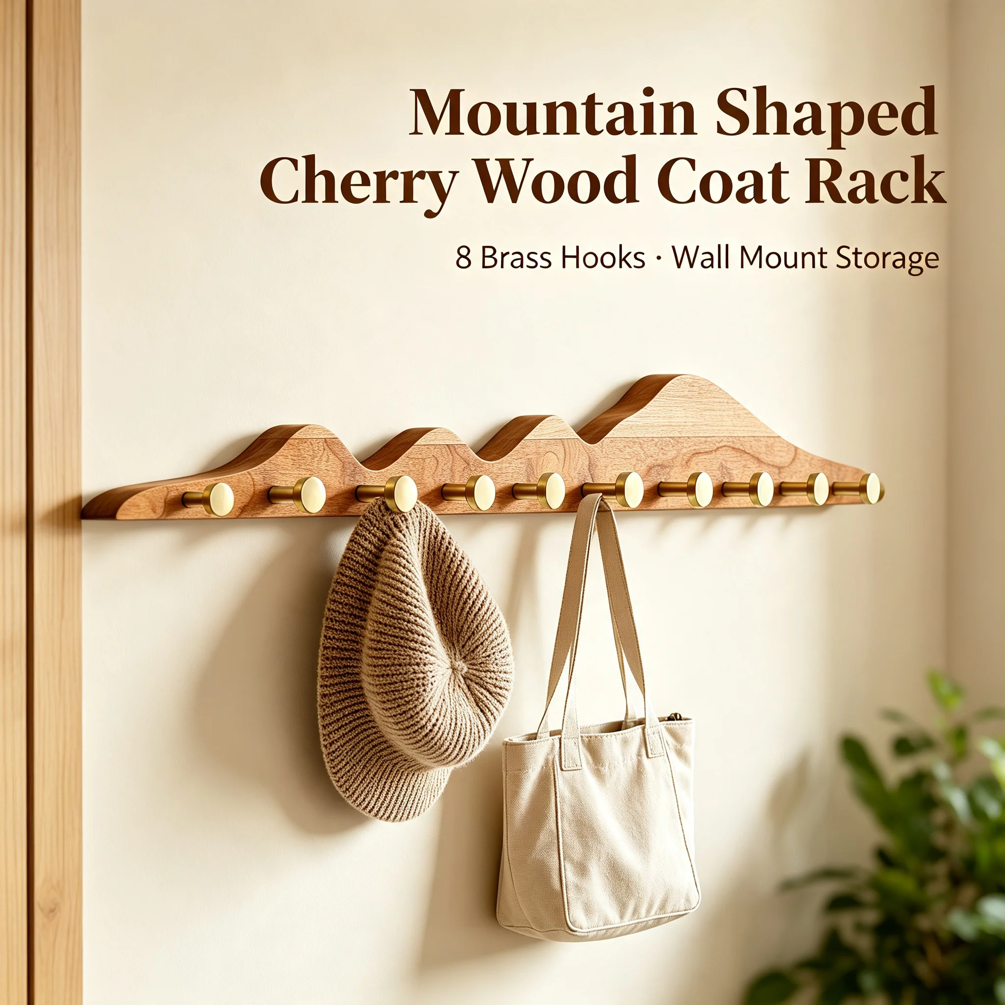 Creative Wall Mounted Coat Rack 8 Hooks, Mountain-Shaped Cherry Wood & Brass Key Hat Holder for Entryway Bedroom, 44 lbs Capacity with Hole Installation, Log Color