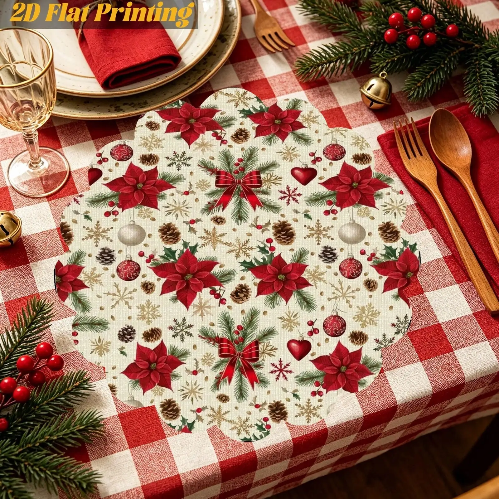 6PCS White Poinsettia Pinecone Scalloped Edge Placemat | Family Daily Meals,Kitchen Bar Counter,Single Person Dining,2D Flat Print | Thanksgiving & Christmas Gifts