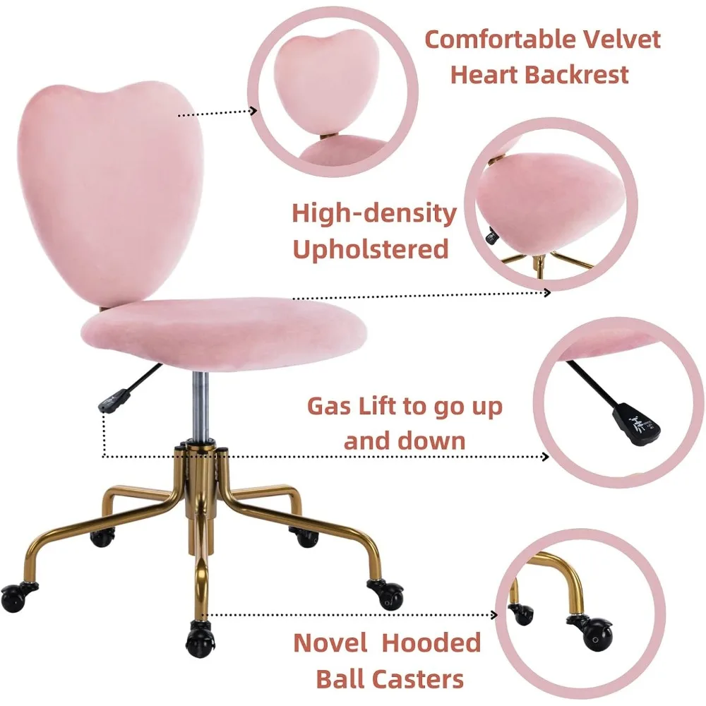 كرسي مكتب مخملي لطيف على شكل قلب وردي مع عجلات قابل للتعديل بارتفاع دوار كرسي زينة بدون ذراع منجد #4