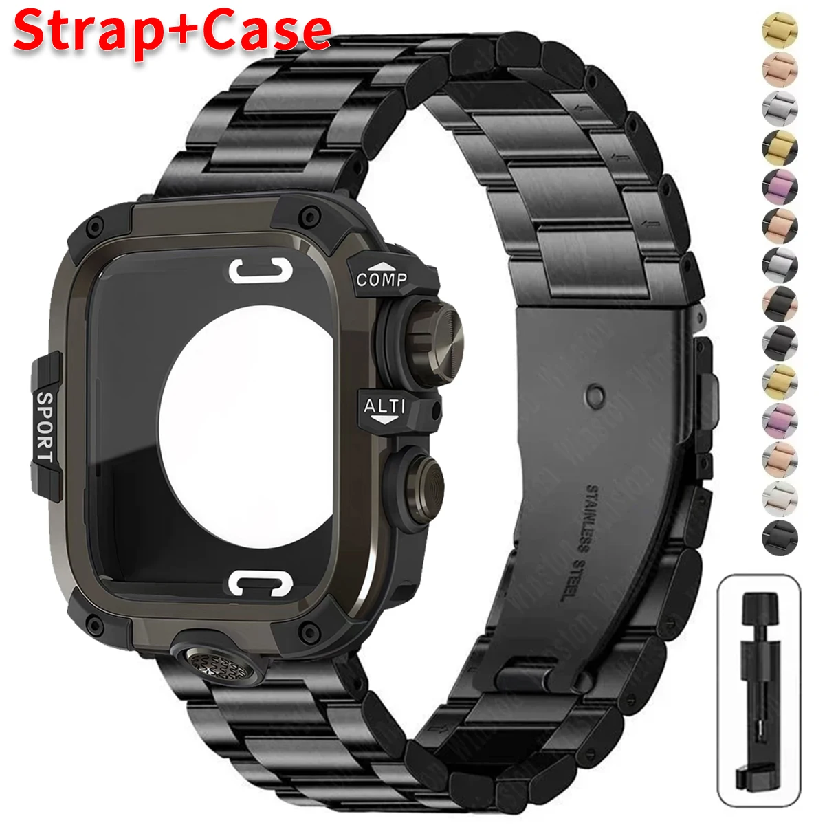 

Металлический ремешок + чехол для Apple Watch Ultra 3/2 49 мм серии 11 10 46 мм 42 мм 9 8 7 45 мм Защитный чехол из сплава для ПК для Iwatch 6 SE3 5 44 мм