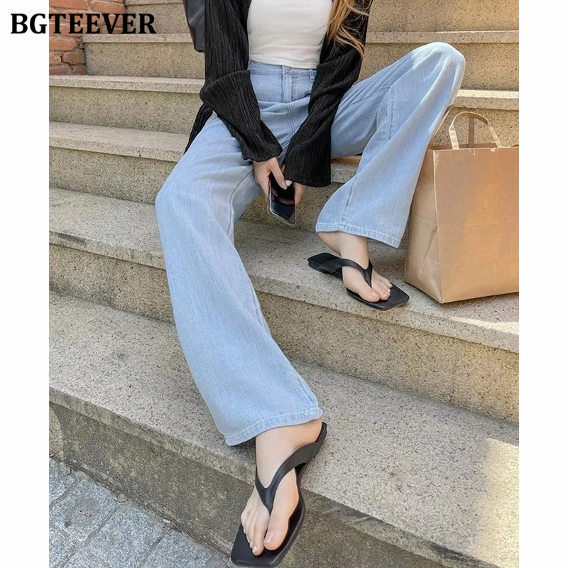

BGTEEVER Summer Wide Leg Jeans Trousers for Women High Waist Single Button Loose Casual Loose Female Denim Pants