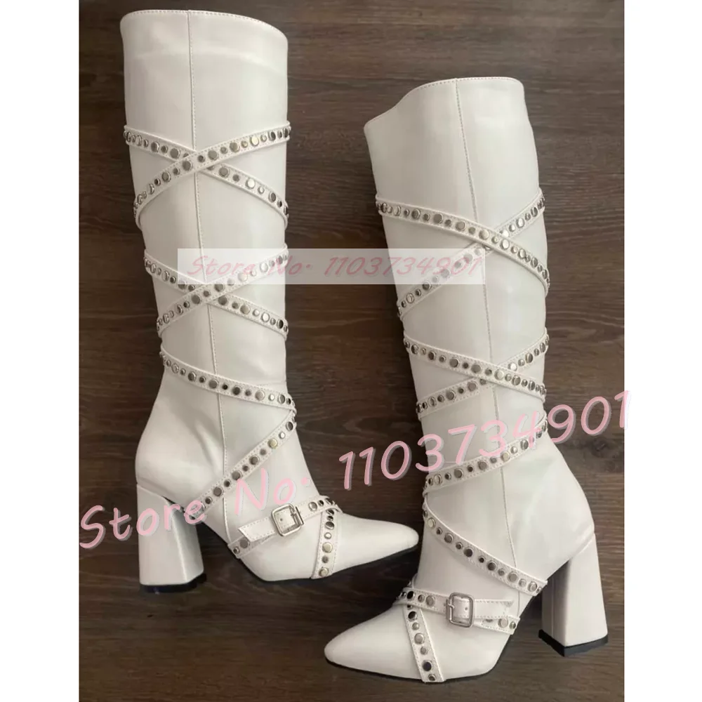 

Rivets Strap Chunky Heel Boots Women Punk Pointed Side Zipper Knee High Shoes Ladies Sexy Fashion Elegant Belt Buckle Boots