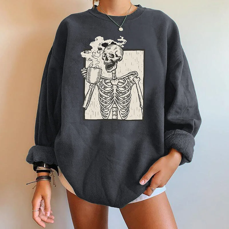 Seeyoushy Drinking Tea Skull Skeleton Funny Women Sweatshirts Pullovers Y2K Sweatshirts Top Clothes Winter Moletom Feminino 2023