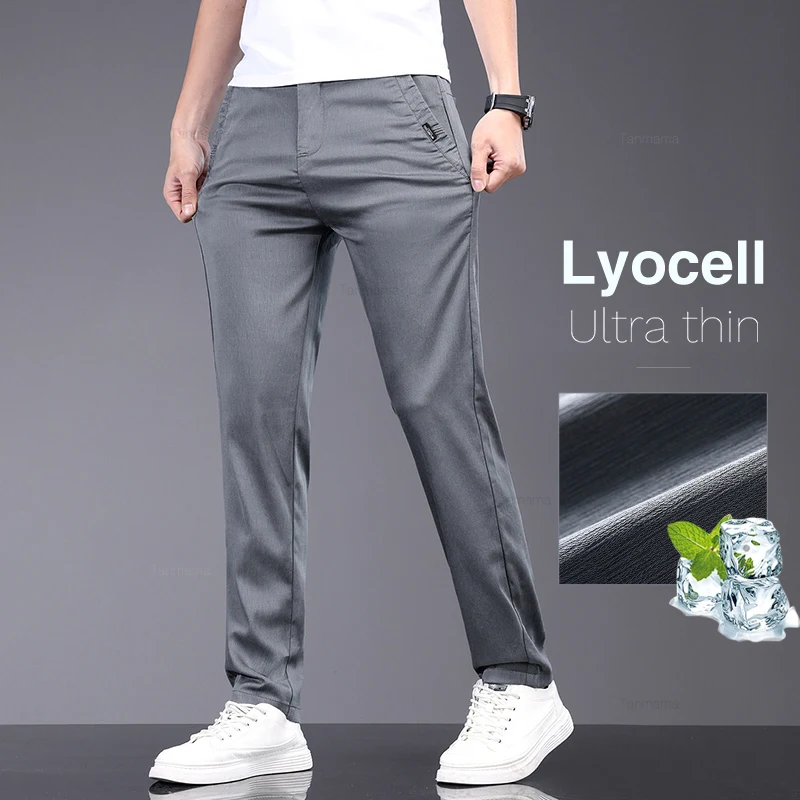 2024 Summer Ultra-thin Men's Lyocell Casual Pants Breathable Soft Ice Silk Elastic Straight Business Trousers Black Gray