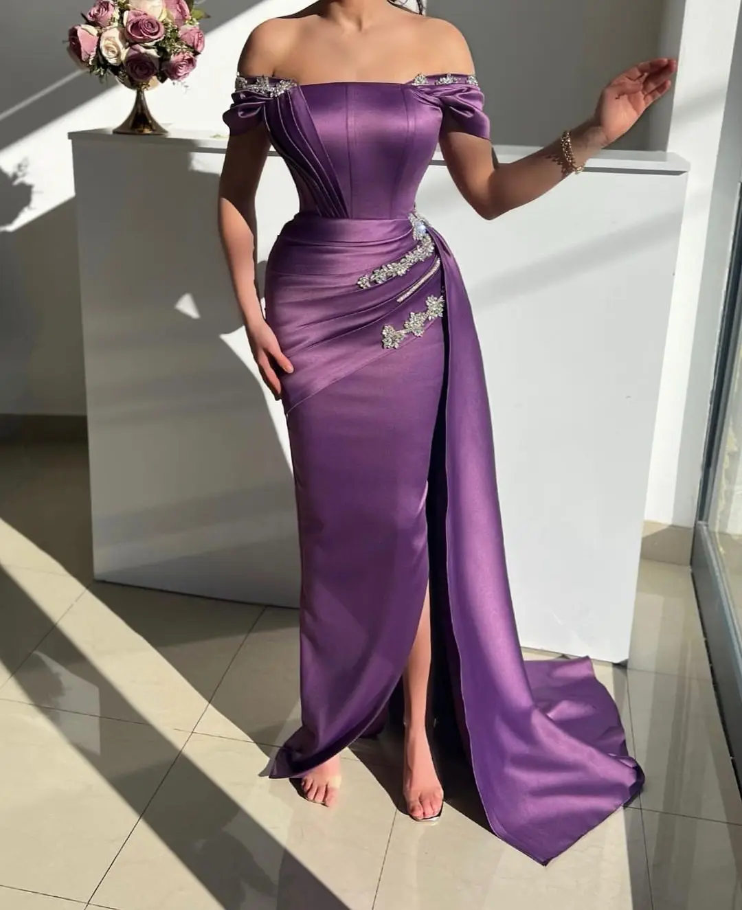 

Special Occasion Formal Prom Dresses Off The Shoulder Evening Dress Purple Crystals Fashion Women Wear Wedding Party Gowns