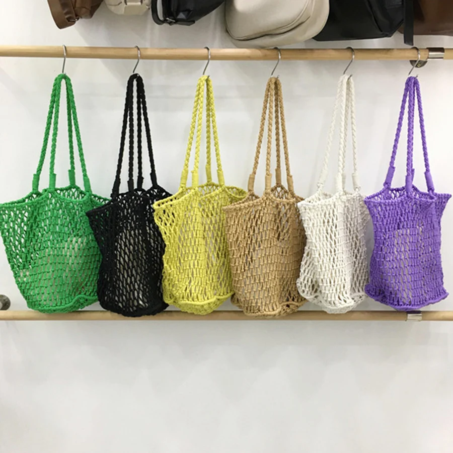 Large Capacity Women's Fishing Net Woven Shoulder Bag Summer Hollow Out Female Straw Beach Tote Bag Vacation Portable Handbags