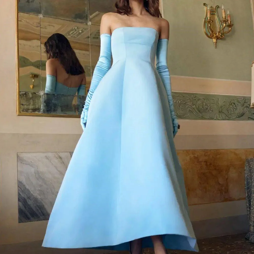 

Classic Strapless Prom Dress A-line Evening Party Gown Glove Backless Formal Occasion Dresses Satin Ankle Length فساتين