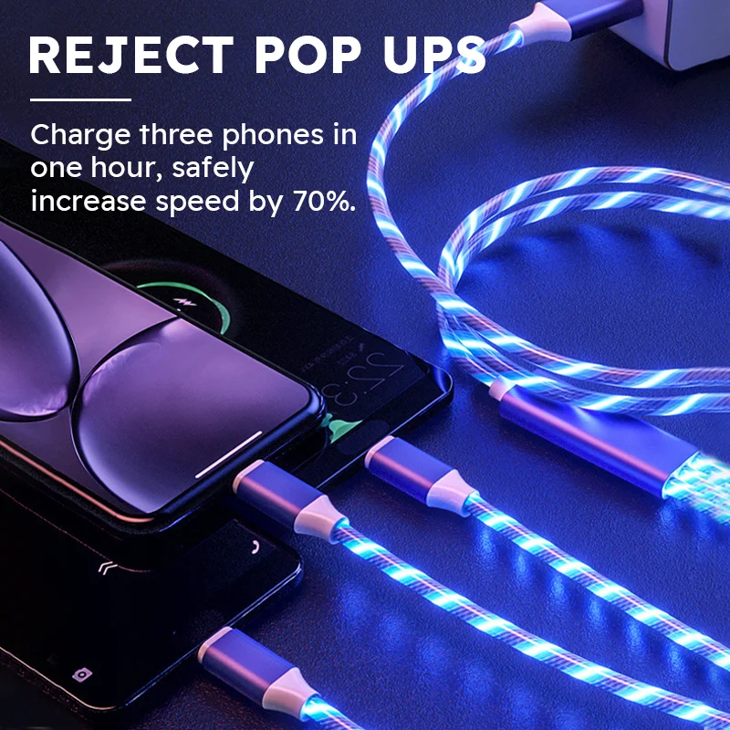 3-in-1 Multi USB Universal Flowing LED Light Up Phone Charge Cable, With Interface For Apple+Type C+Micro USB Charger Connector