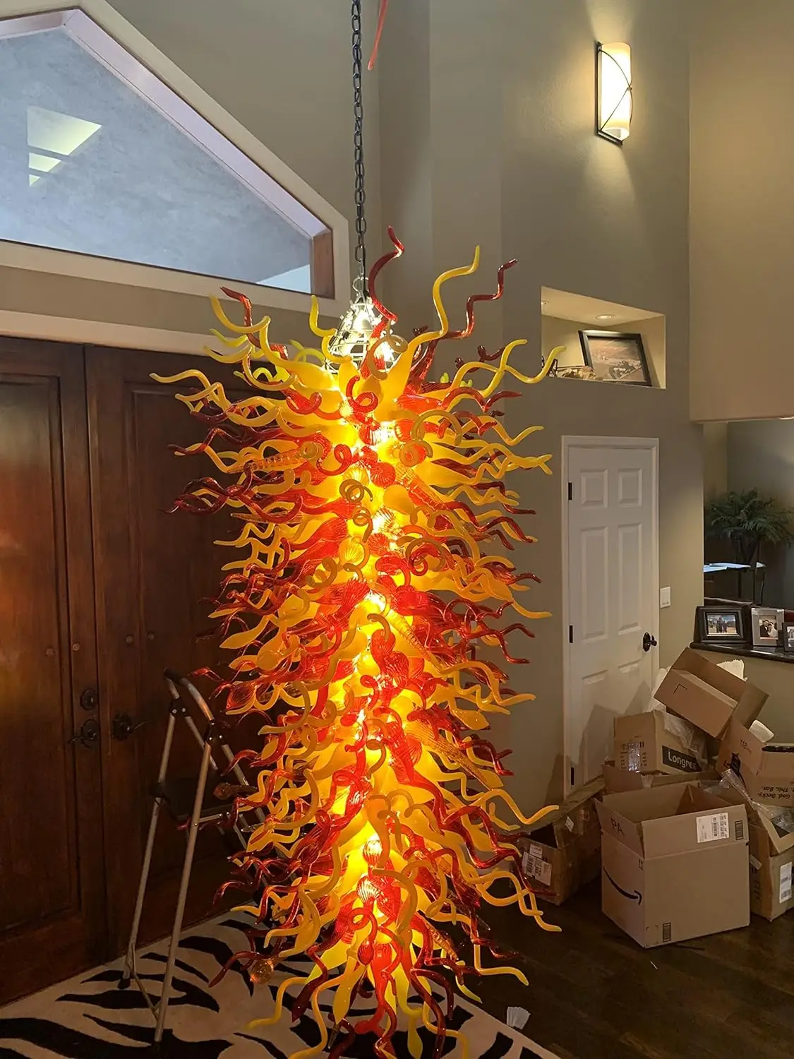 Luxury Large Chihuly Style Hand Blown Glass Chandelier Fire Red Yellow Pendant Light Fixture for Staircase Villa Lobby