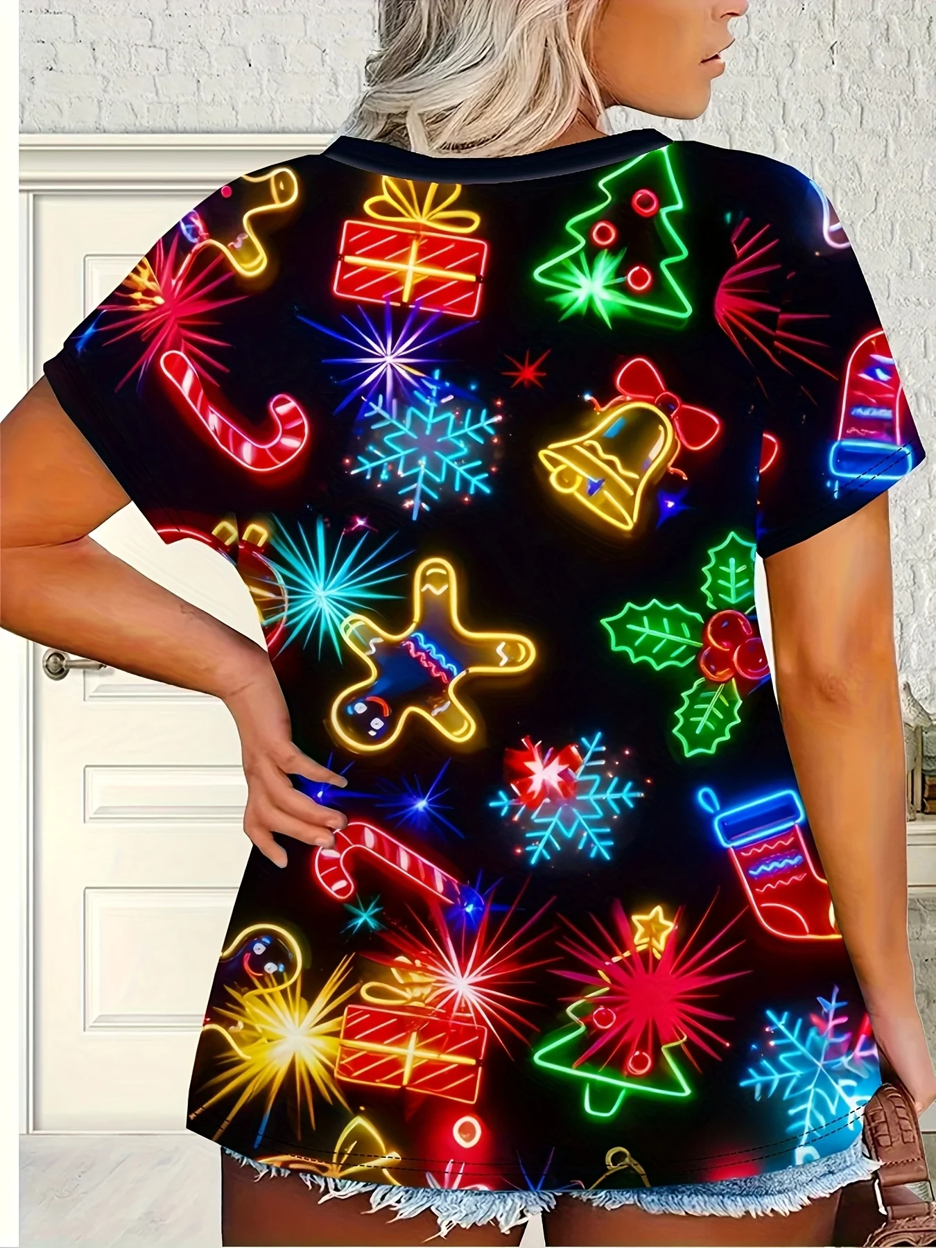    المرأة عيد الميلاد الرنة و رودولف تي شيرت مطبوع كم قصير رقبة مستديرة رداء علوي غير رسمي حفلات عيد الميلاد زي Y2k ملابس السيدات